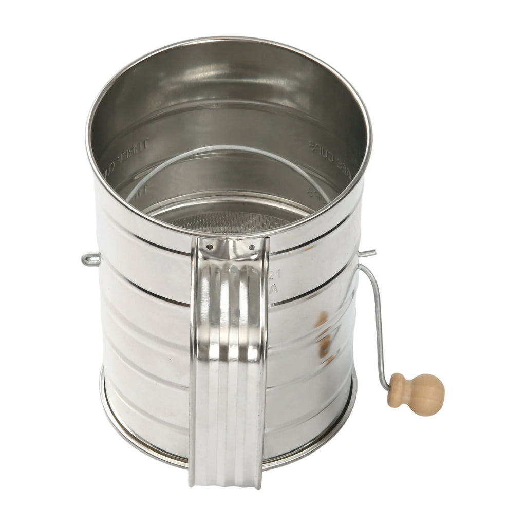 Stainless Steel 3 Cup Flour Hand-Crank Sifter with Beechwood Handle Silver