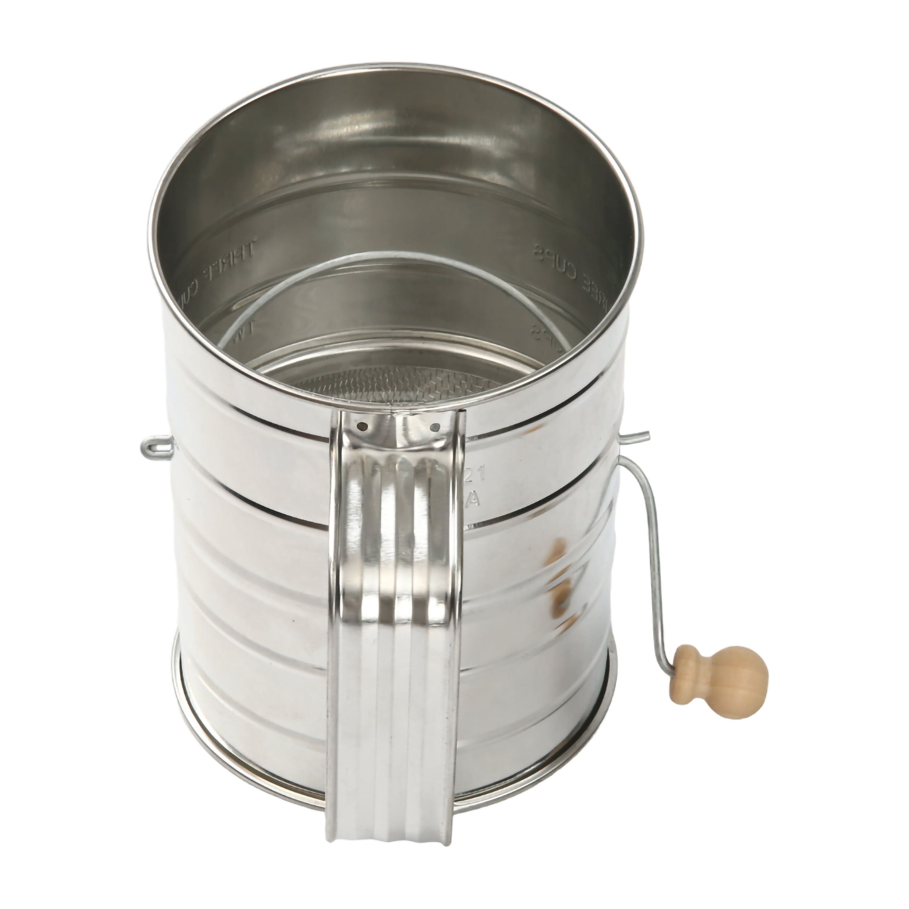 Stainless Steel 3 Cup Flour Hand-Crank Sifter with Beechwood Handle Silver