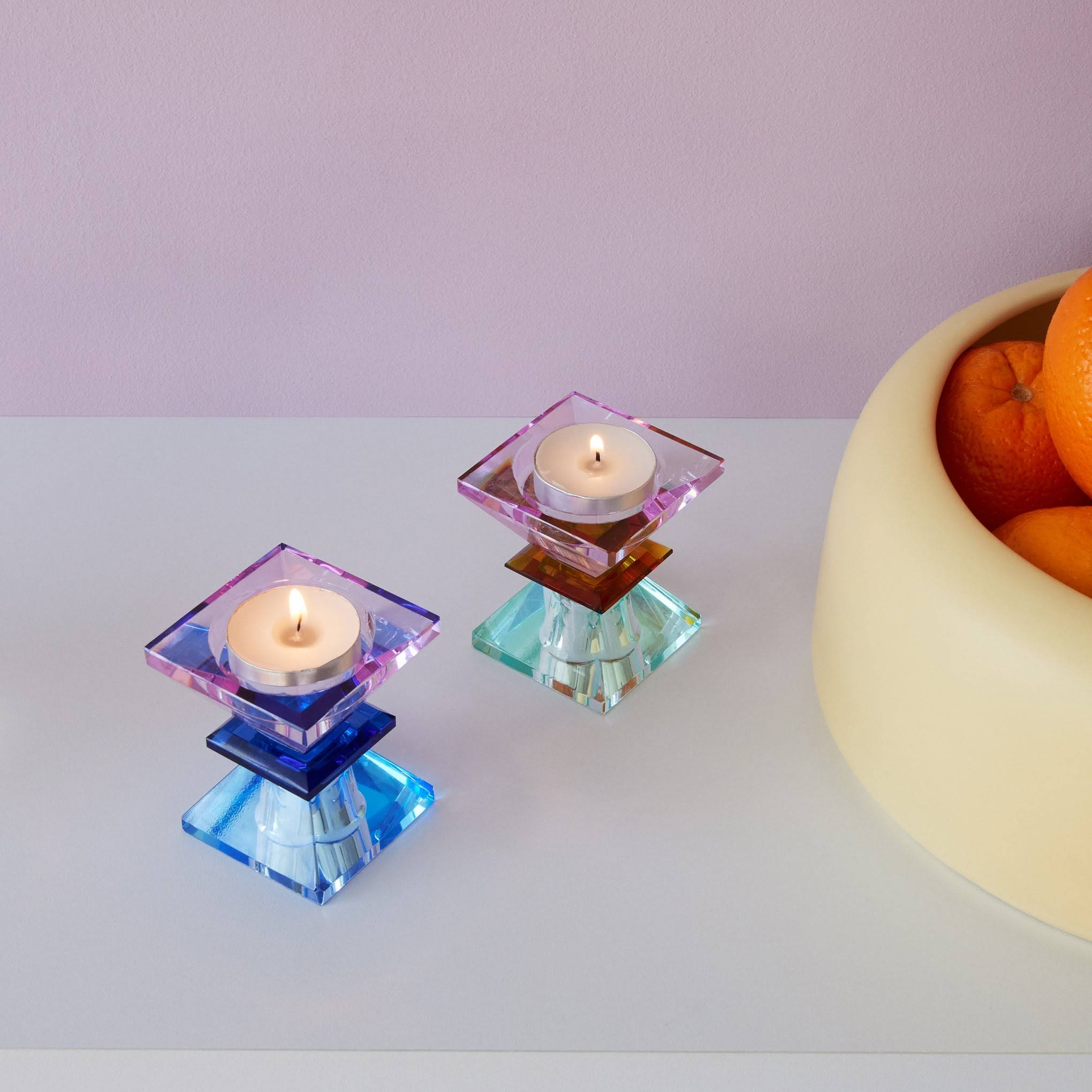 Faceted Crystal Candle Holder - Violet/ Amber/ Light Mint