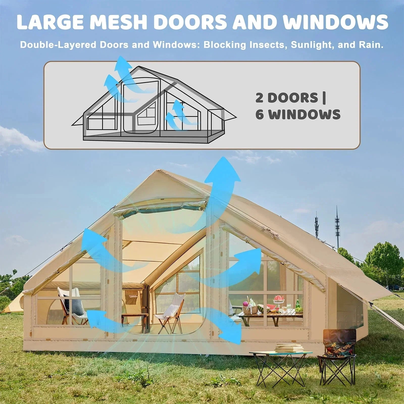 6 Person Inflatable Camping Tent with Pump, 10ft x7ft Glamping Family Tent Easy Setup 4 Season Waterproof Windproof Outdoor Blow Up Tent Luxury Oxford Cabin with Mesh Windows &amp; Doors sgtnighsdesigns