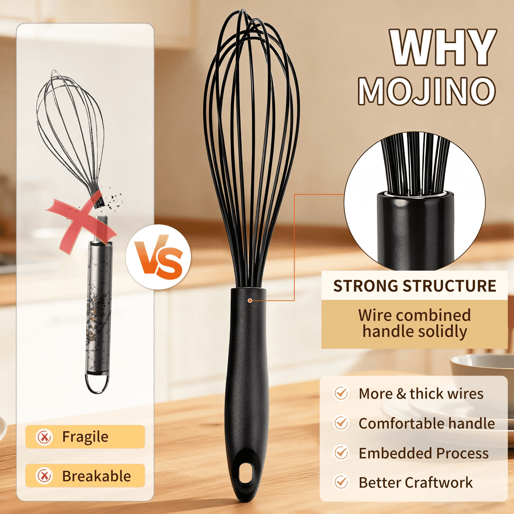 Silicone Wire Whisk, Egg Beater Set of 3, Non Scratch Stainless Steel Kitchen Whisks for Cooking, Blending, Beating, ...