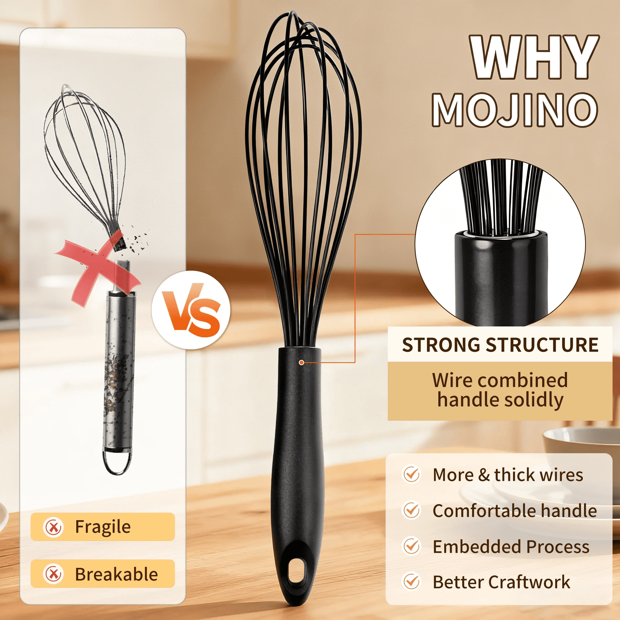 Silicone Wire Whisk, Egg Beater Set of 3, Non Scratch Stainless Steel Kitchen Whisks for Cooking, Blending, Beating, ...