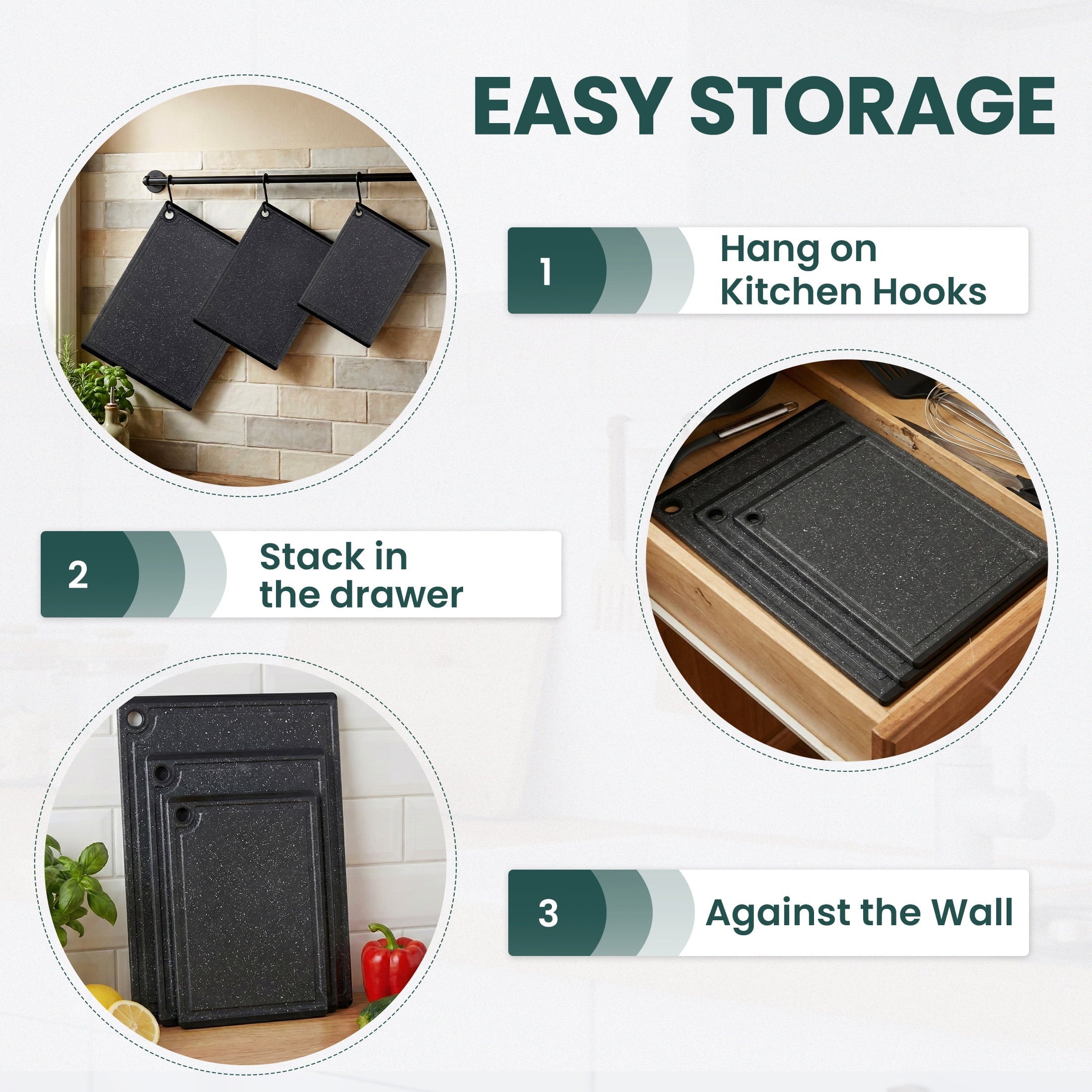 3-Piece Plastic Large Cutting Boards Set for Kitchen, Chopping Board with Non-slip Feet and Juice Grooves