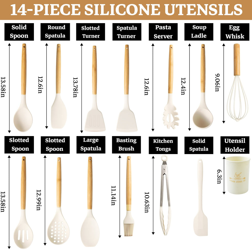 14-Piece Silicone Cooking Utensils Set, Non-Stick Kitchen Utensil Set for Baking, Flipping, Mixing, White