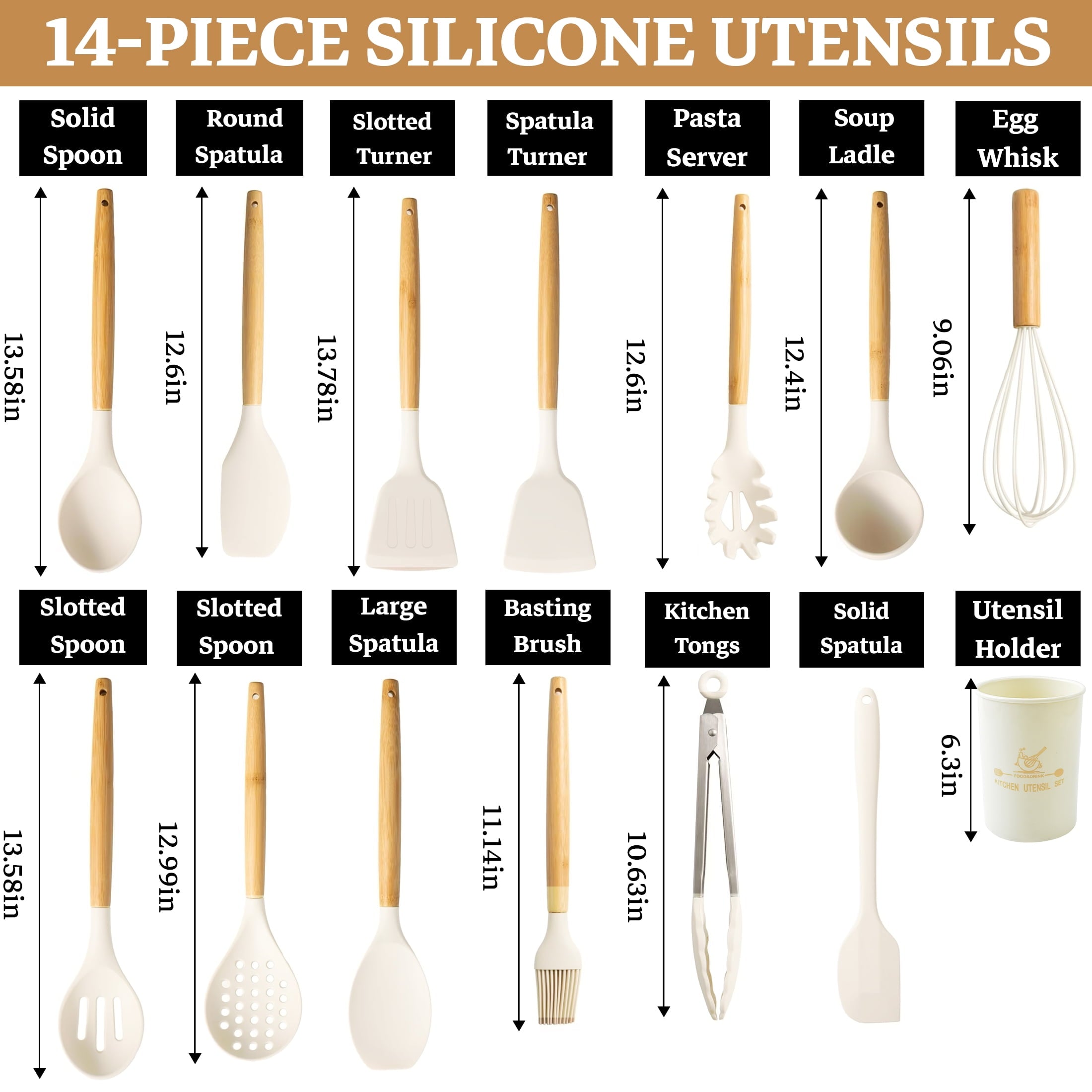 14-Piece Silicone Cooking Utensils Set, Non-Stick Kitchen Utensil Set for Baking, Flipping, Mixing, White