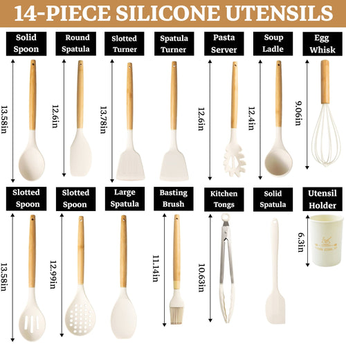 14-Piece Silicone Cooking Utensils Set, Non-Stick Kitchen Utensil Set for Baking, Flipping, Mixing, White