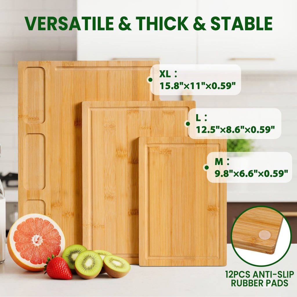 Bamboo Cutting Board Set of 3, Heavy Duty Kitchen Chopping Boards with Juice Grooves, Reversible Charcuterie ...