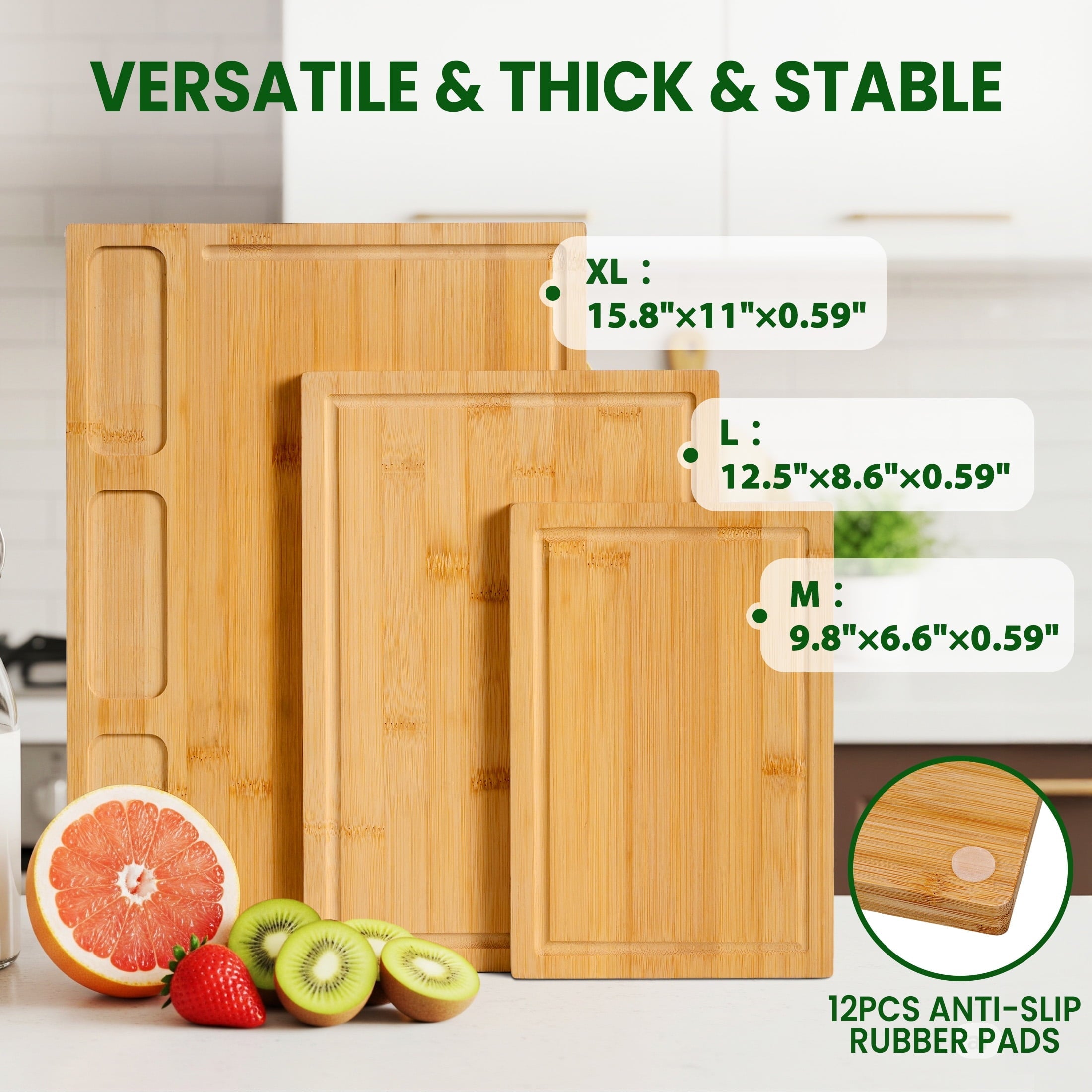 Bamboo Cutting Board Set of 3, Heavy Duty Kitchen Chopping Boards with Juice Grooves, Reversible Charcuterie ...