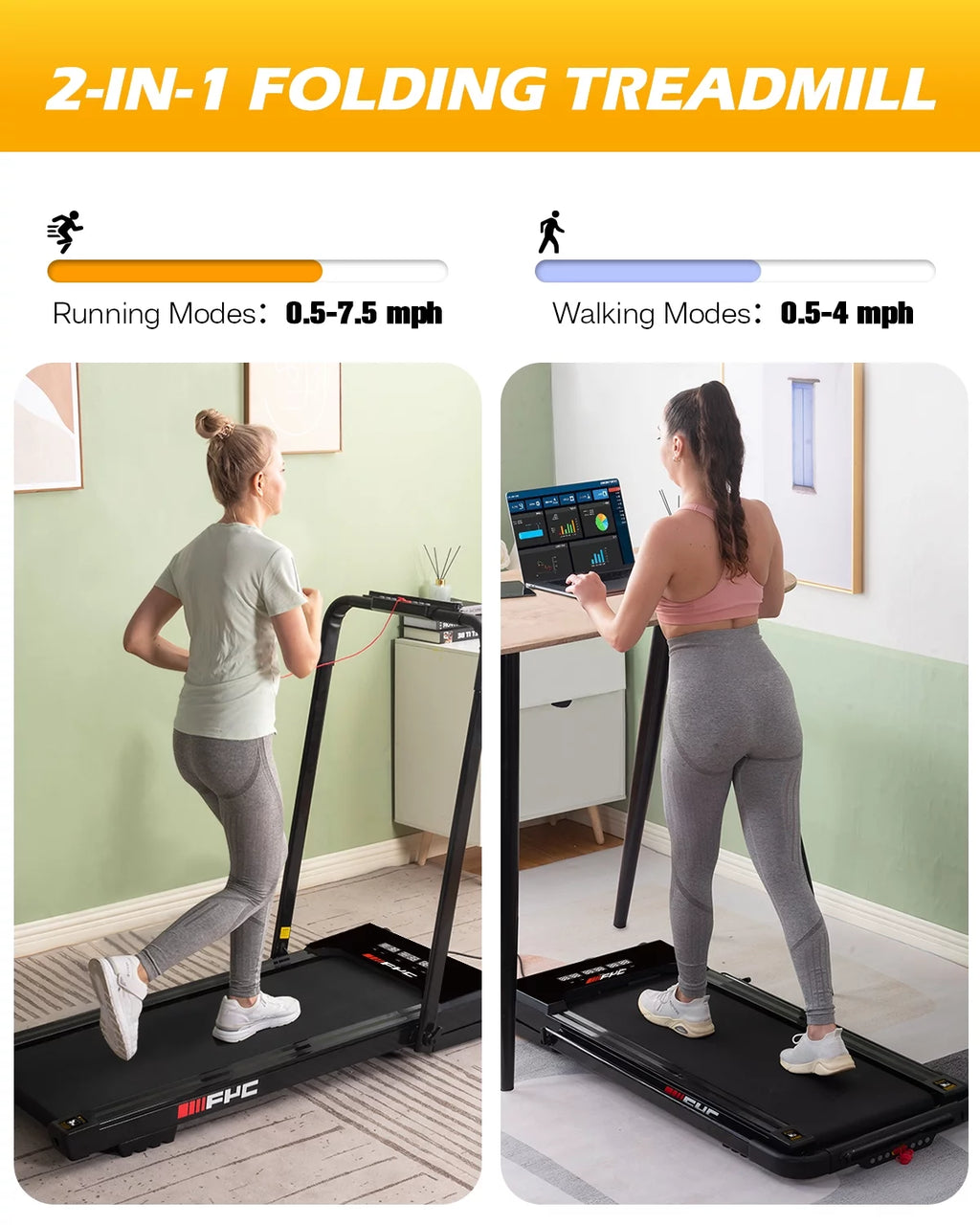 FYC 3.5HP Under Desk Treadmill 300LBS Weight Capacity 2-in-1 Foldable Design Remote Control & LED Display Compact Electric Walking and Running Machine for Walking Running Jogging (Black)