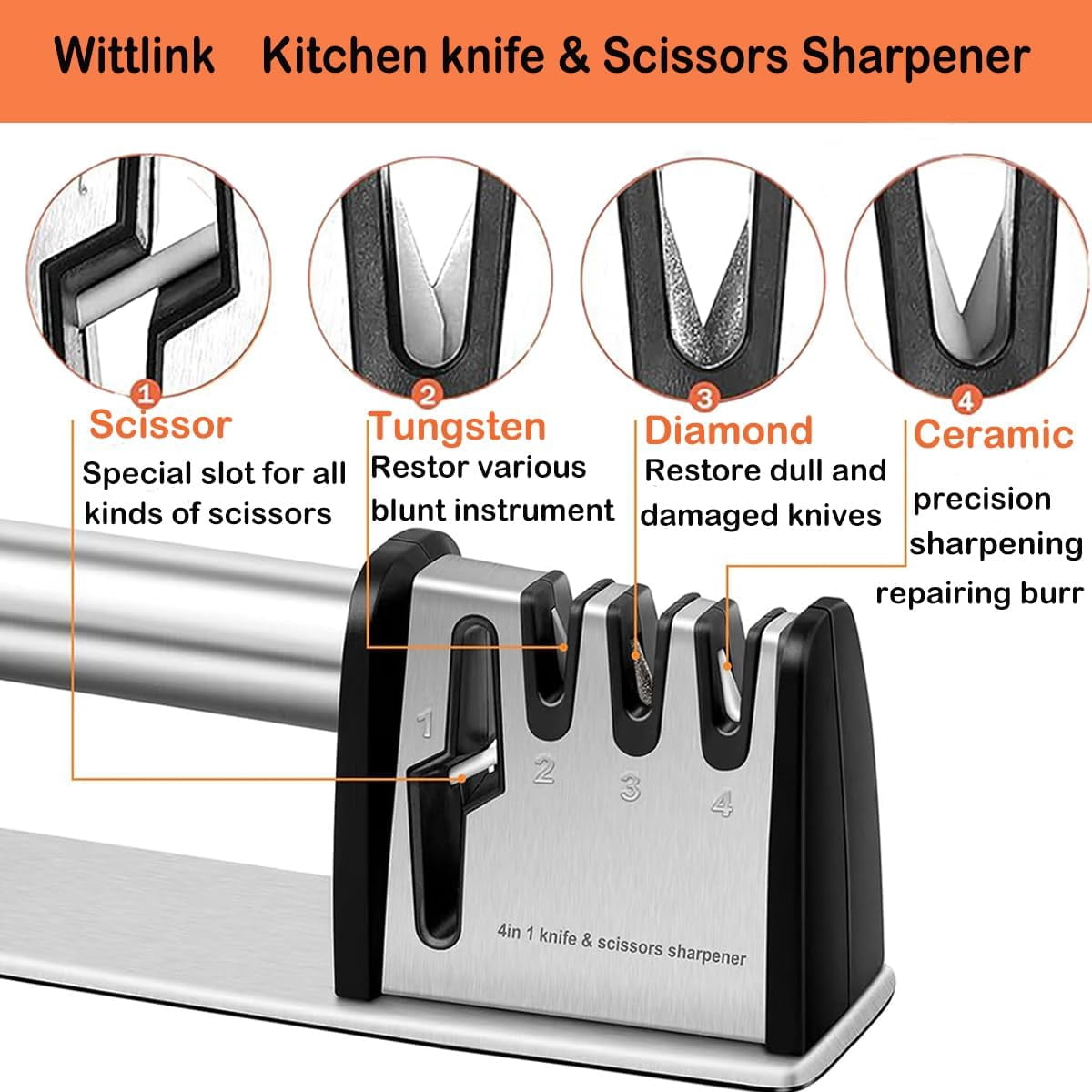 4-in-1 Professional Knife and Scissors Sharpener, Manual Kitchen Sharpening Tool, 8.5 Inch Length
