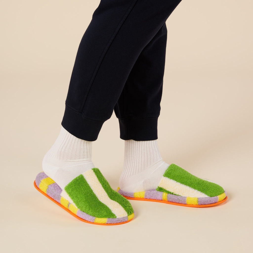Dusen Dusen Striped Terry Slippers - Green/ Lavender