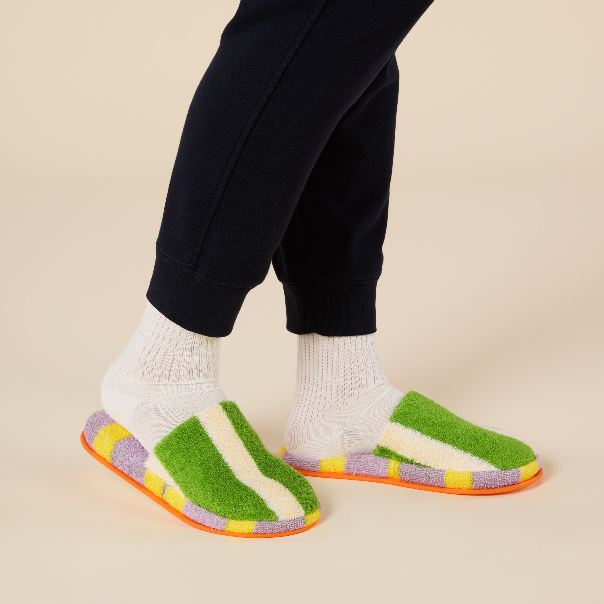 Dusen Dusen Striped Terry Slippers - Green/ Lavender