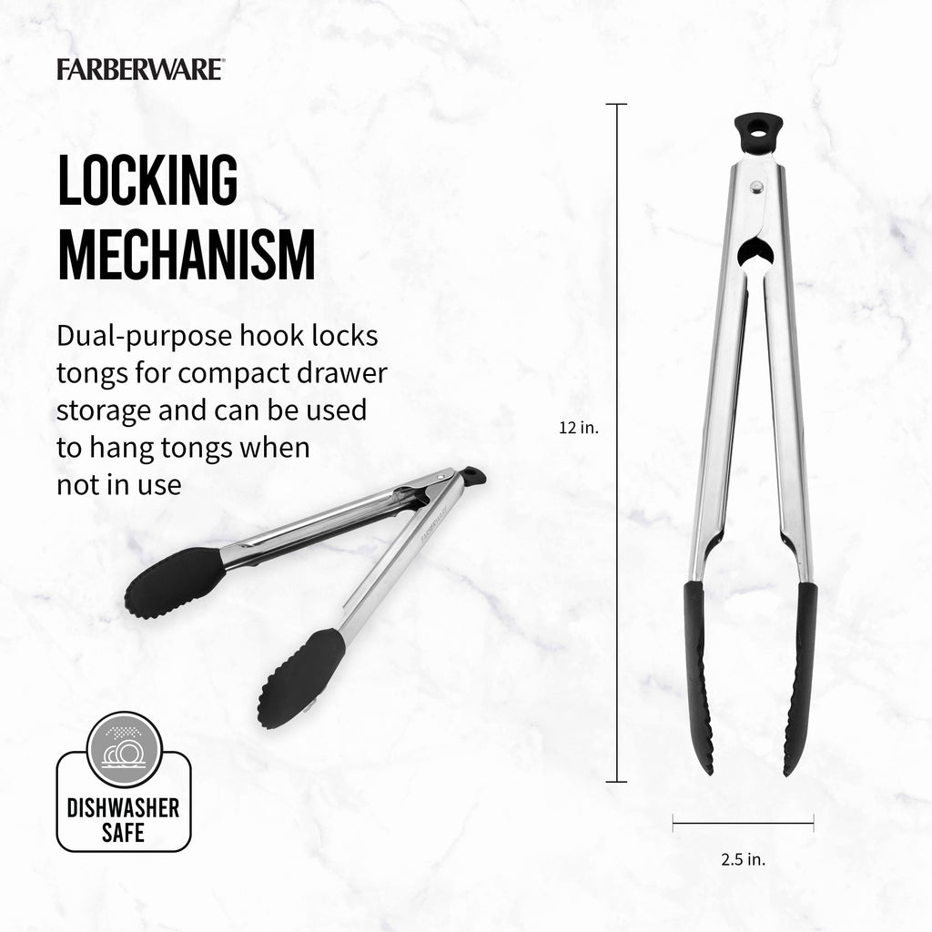 11-inch Silicone Tip Locking Food Tongs in Black and Stainless Steel