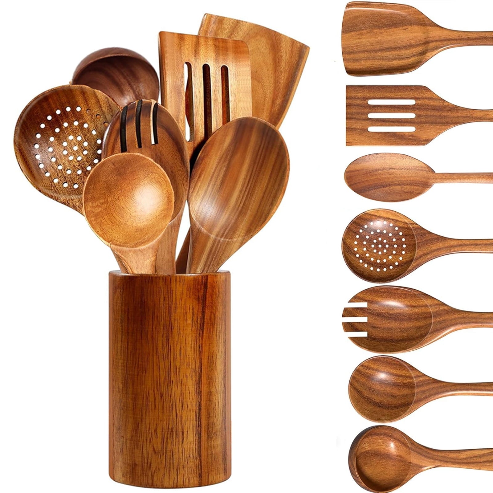 Wooden Spoons for Cooking, 8 Pcs Natural Teak Wooden Utensils Set, Non-Stick & Heat Resistant Durable Wood ...