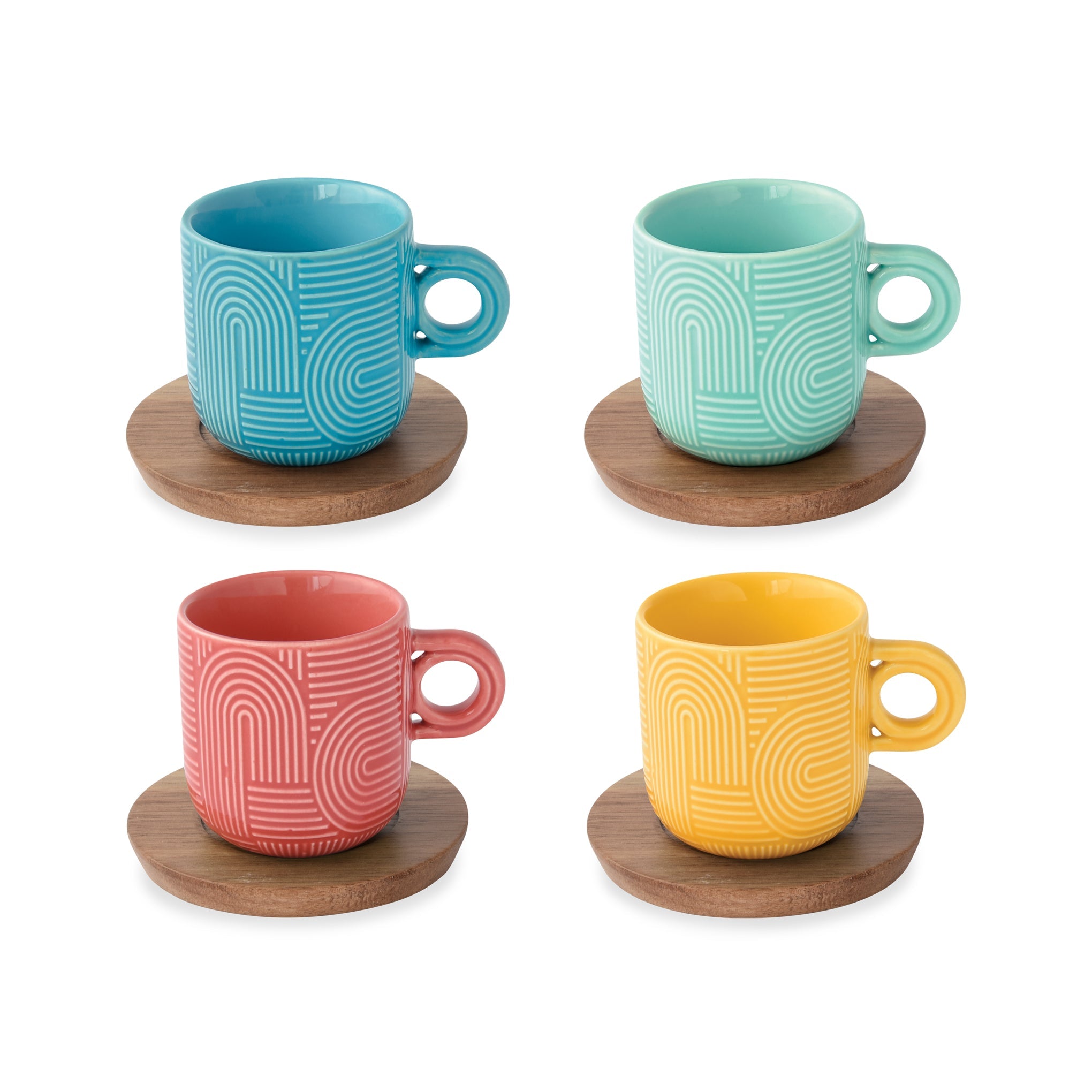 Take a Loop Porcelain Espresso Cups &amp; Wood Saucers - Set of 4