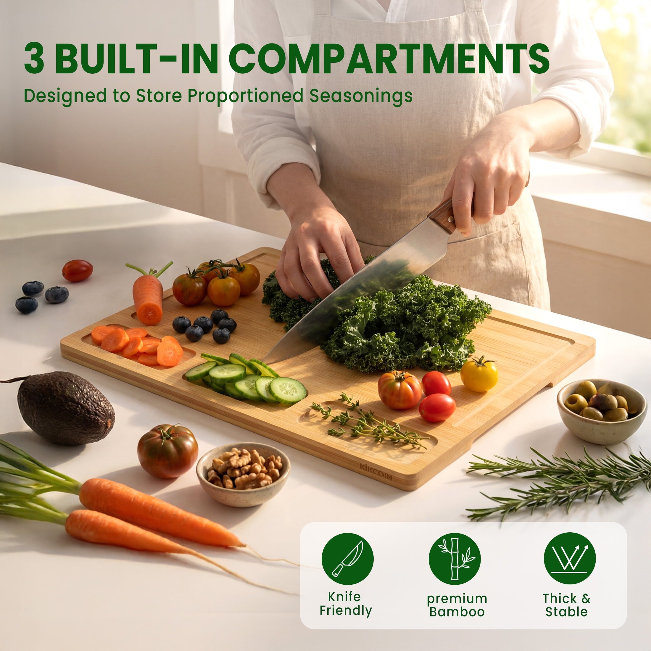 Bamboo Cutting Board Set of 3, Heavy Duty Kitchen Chopping Boards with Juice Grooves, Reversible Charcuterie ...