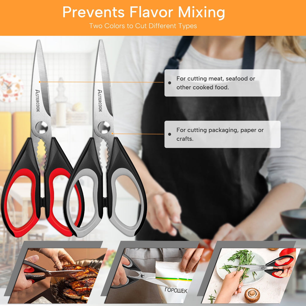 2 Pcs Kitchen Scissors, Heavy Duty Shears with Serrated Blade, Ergonomic Handle Food Scissor for Poultry, H...