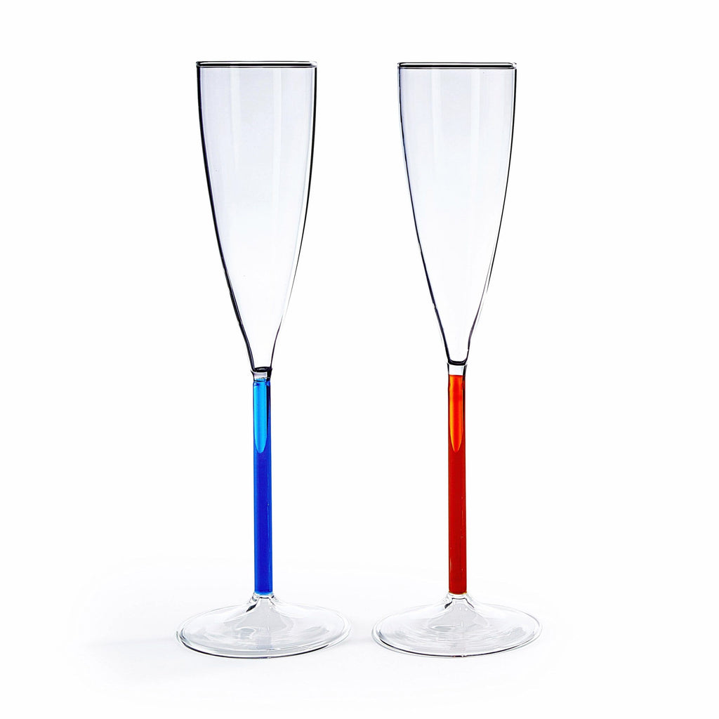 Color Accent Champagne Glasses Set - Blue/ Red Orange