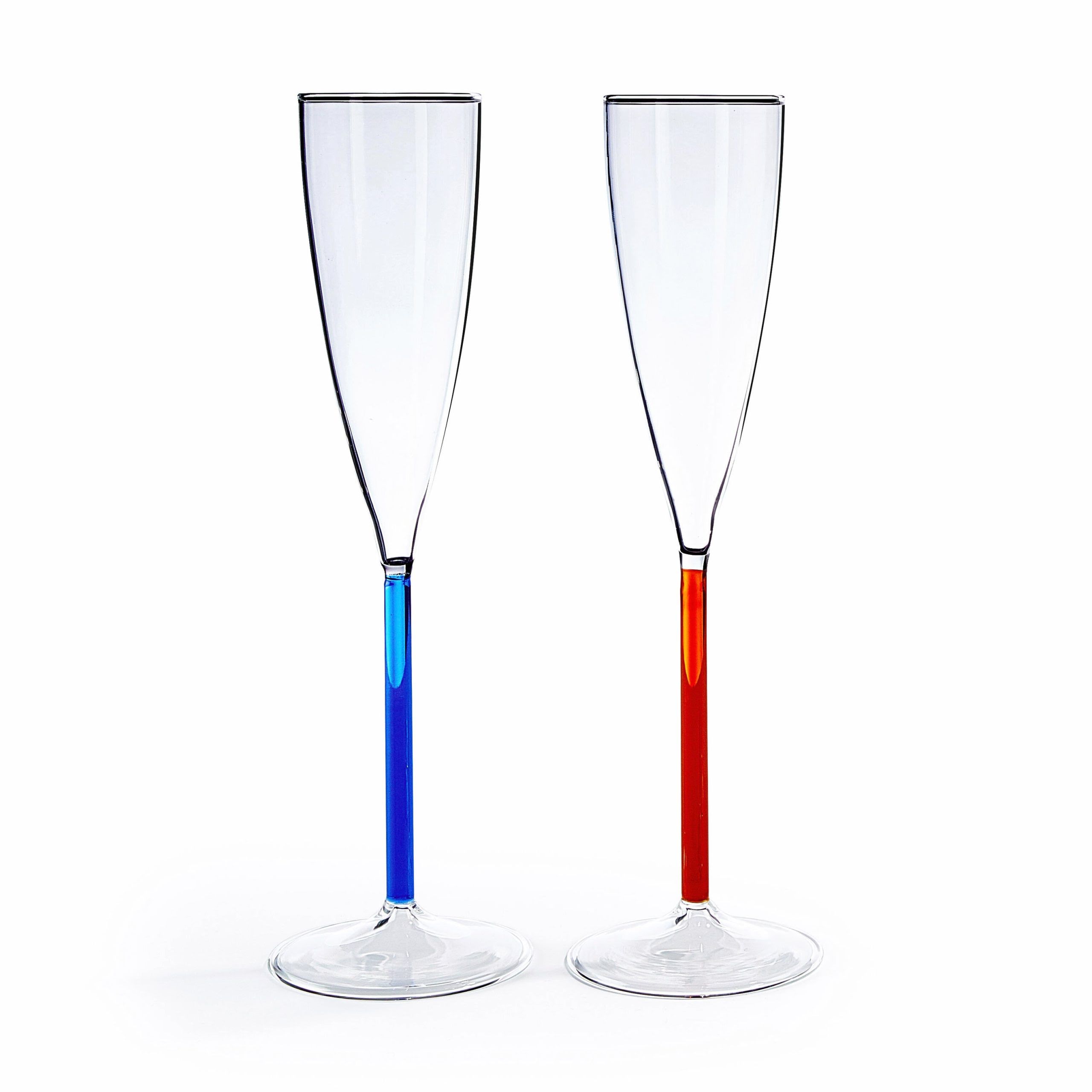 Color Accent Champagne Glasses Set - Blue/ Red Orange