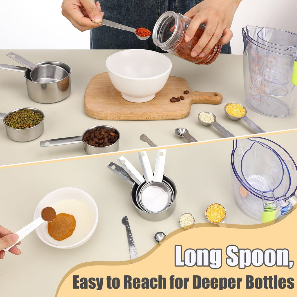 14-Piece Measuring Cups and Spoons Set, Nesting Stainless Steel Measuring Cups Spoons with Plastic Measuring Cup for ...