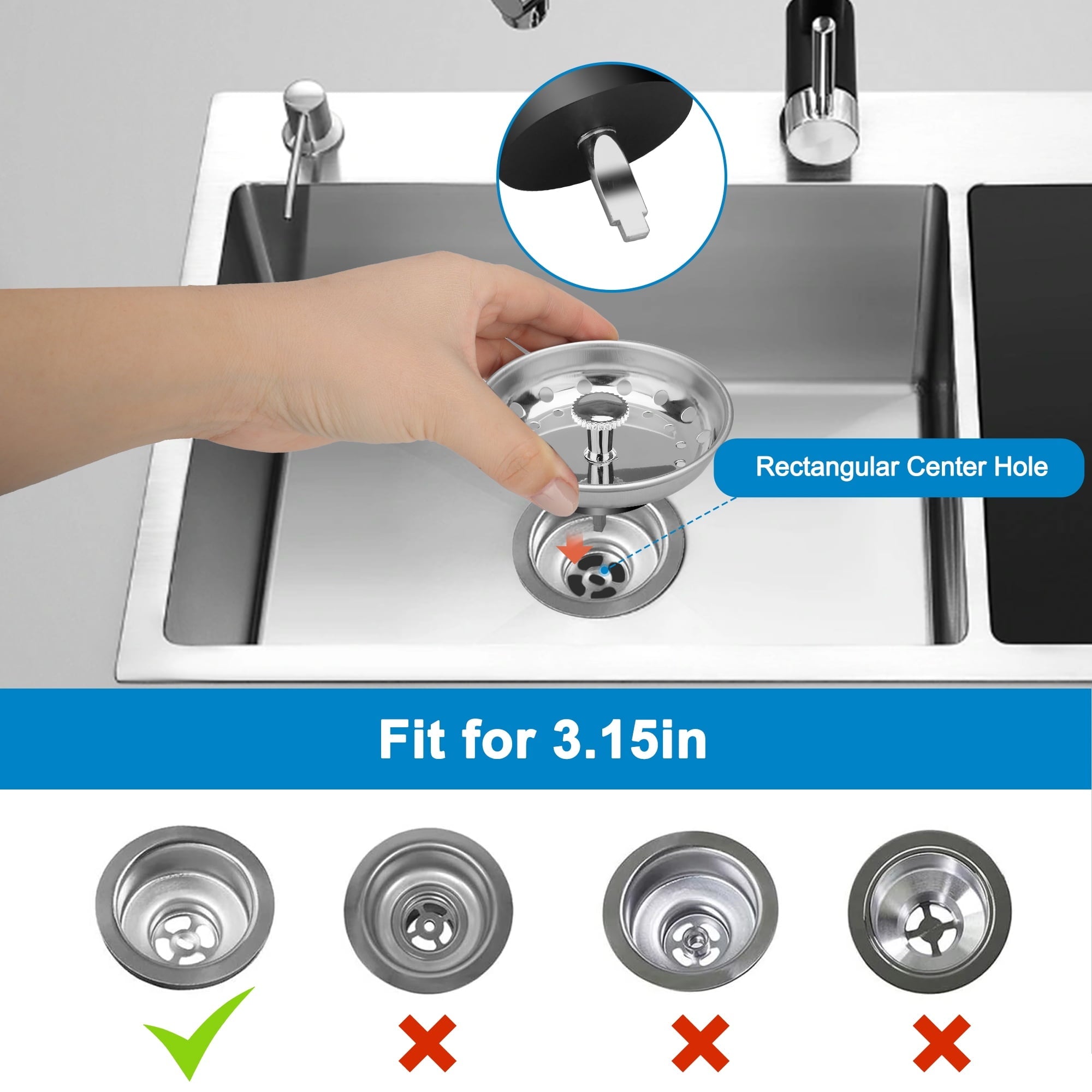 2pcs Kitchen Sink Strainer Baskets, Stainless Steel Sink Stopper, Anti-Clogging Food Catcher for 3.1" Drain Hole
