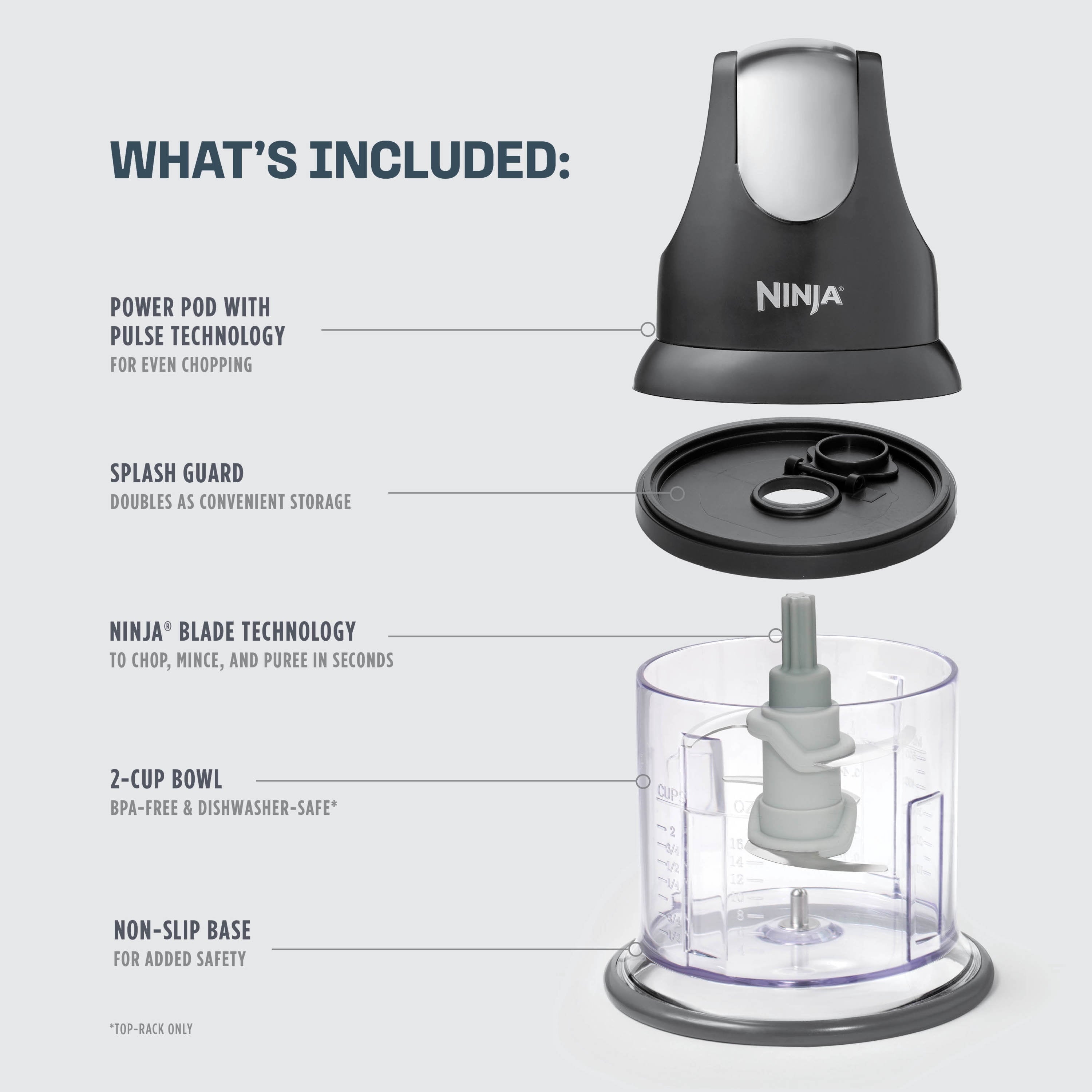 2-Cup Food Processor, Mince, Puree, One-Touch, Non-Slip Base, Dishwasher Safe, Black