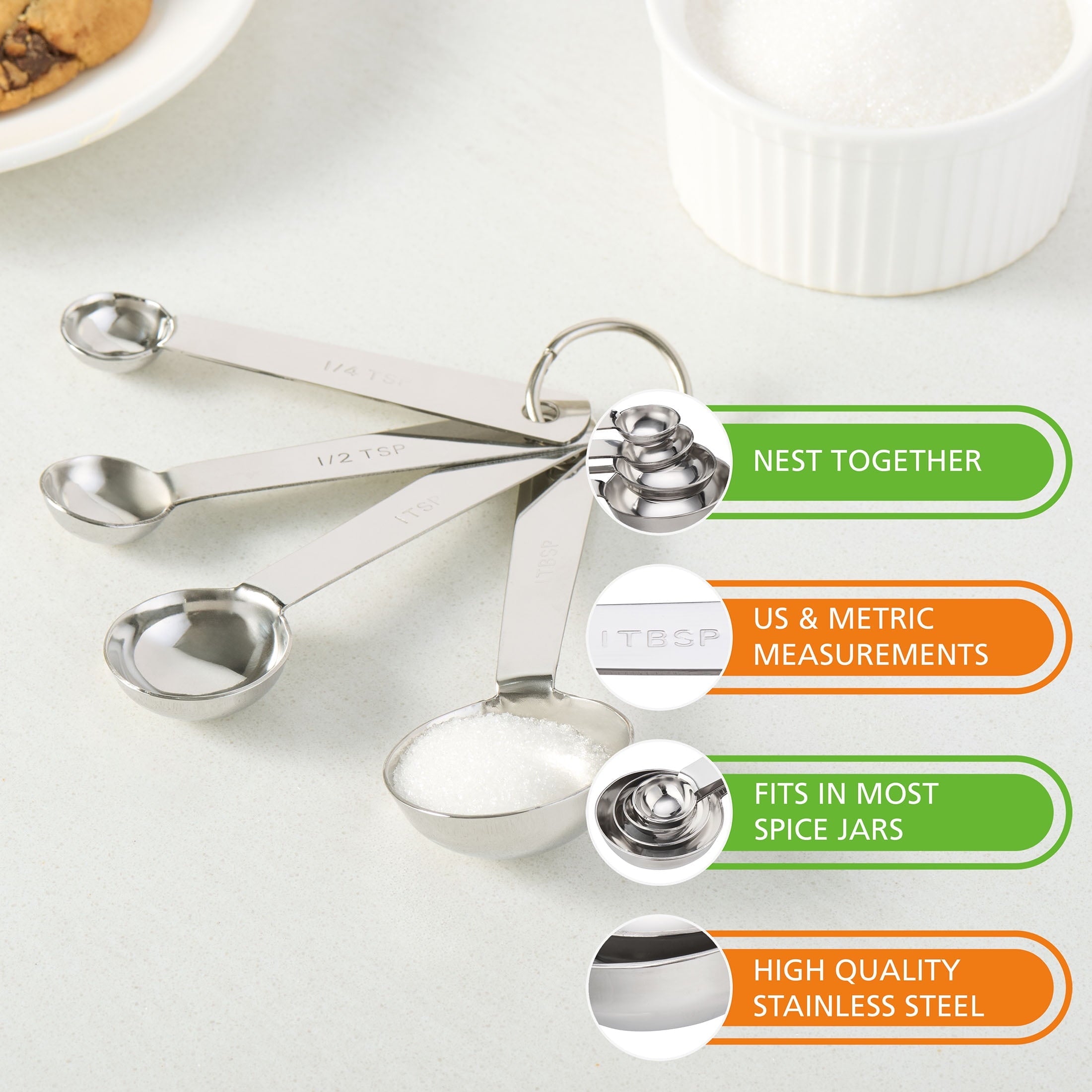 Kitchen Stainless Steel 4-Piece Nesting Measuring Spoons Set, Stainless Steel Finish