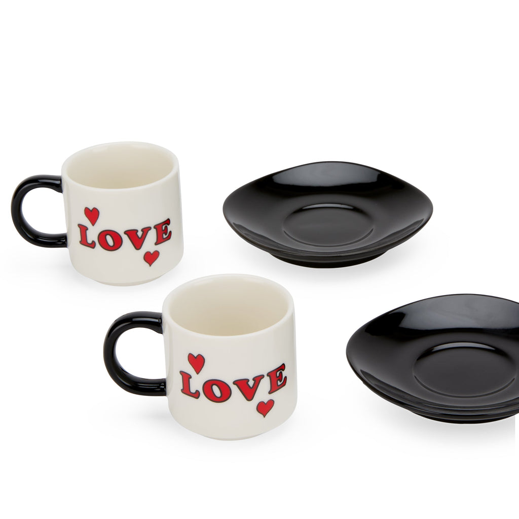 Snoopy Love Stacking Stoneware Espresso Cups &amp; Saucers - Set of 2