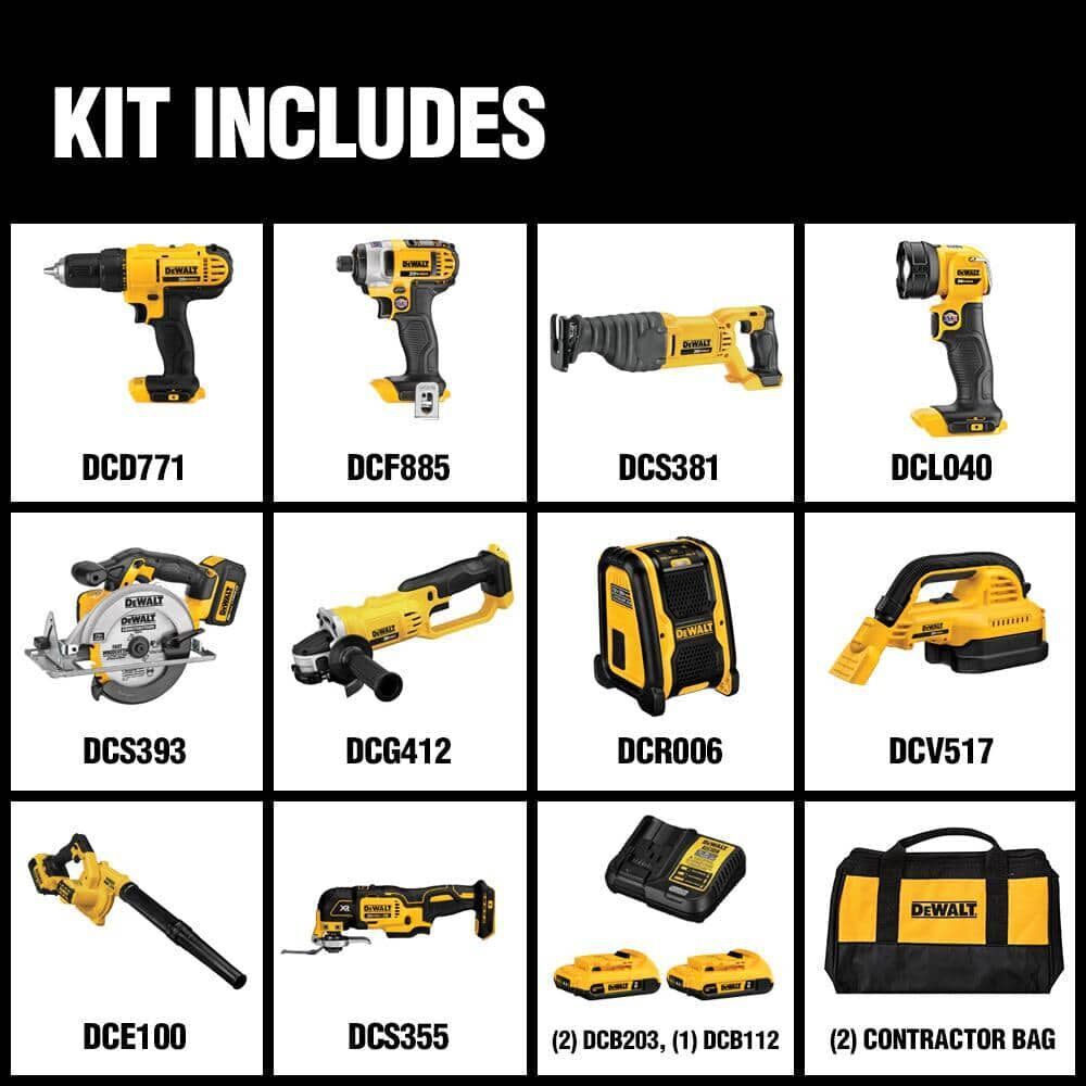 DEWALT 20V MAX 10-Tool Combo Kit with Batteries &amp; Charger - Drill, Impact Driver, Blower, Flashlight, Speaker, Grinder, Saw, Vacuum