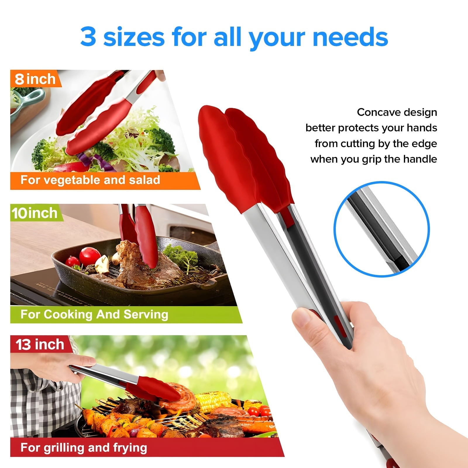 Stainless Steel Kitchen Locking Cooking Tongs with Silicone Tips,Set of 3-7" 9" 12", Red