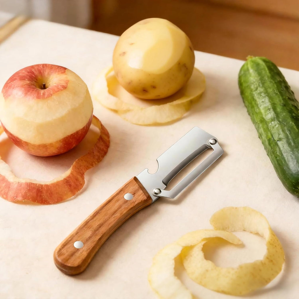 Vegetable Peeler for Kitchen, Stainless Steel Blade with Wooden Handle and Built-In Bottle Opener, f...