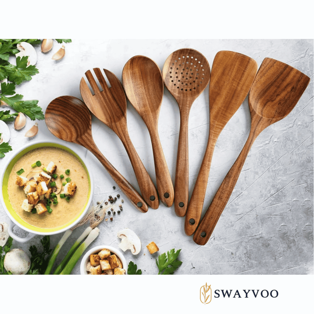 Wooden Spoons for Cooking, 6-Piece 100% Natural Teak Wooden Utensils for Cooking — Heat Resistant, Non-Stick ...
