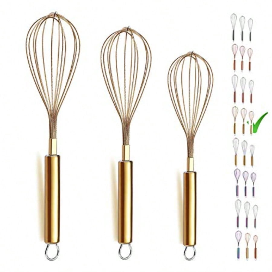 Whisk Pack of 3 Stainless Steel 8"10" 12" Titianium Plating Whisks for Cooking Beater Wire Whisk Set Kitchen Wis...