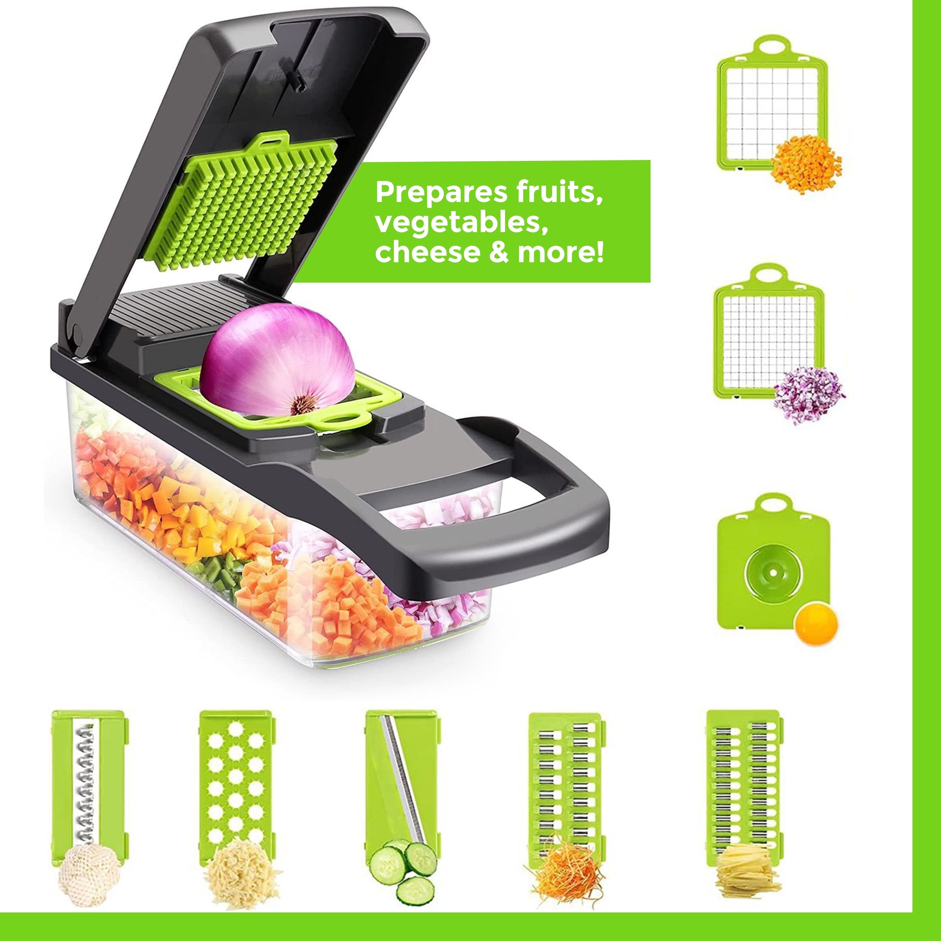 13-in-1 Vegetable Chopper & Slicer - Multifunctional Onion Chopper with 8 Blades, Colander Basket & Container | Mini ...