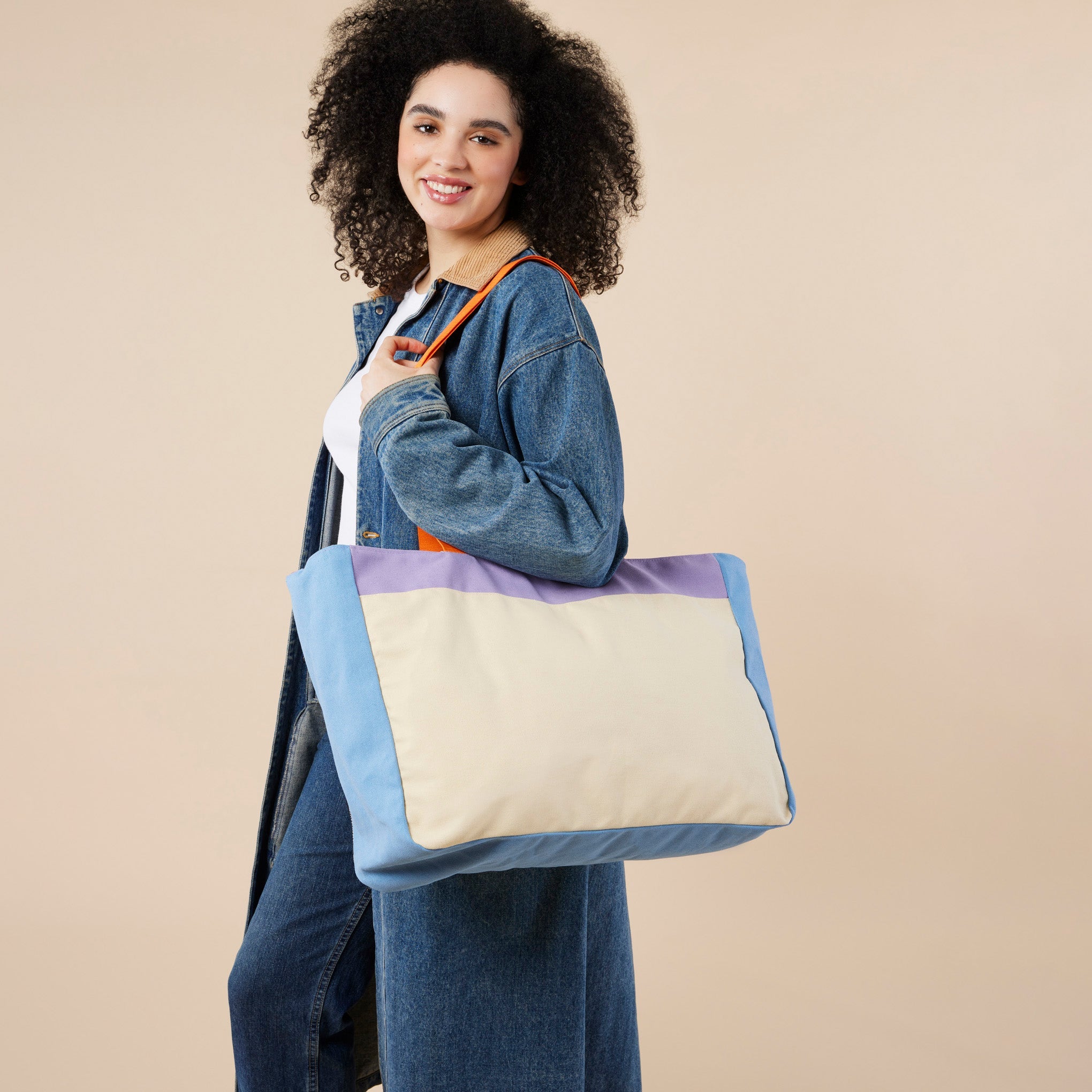 Colorful Oversized Cotton Canvas Tote Bag - Natural