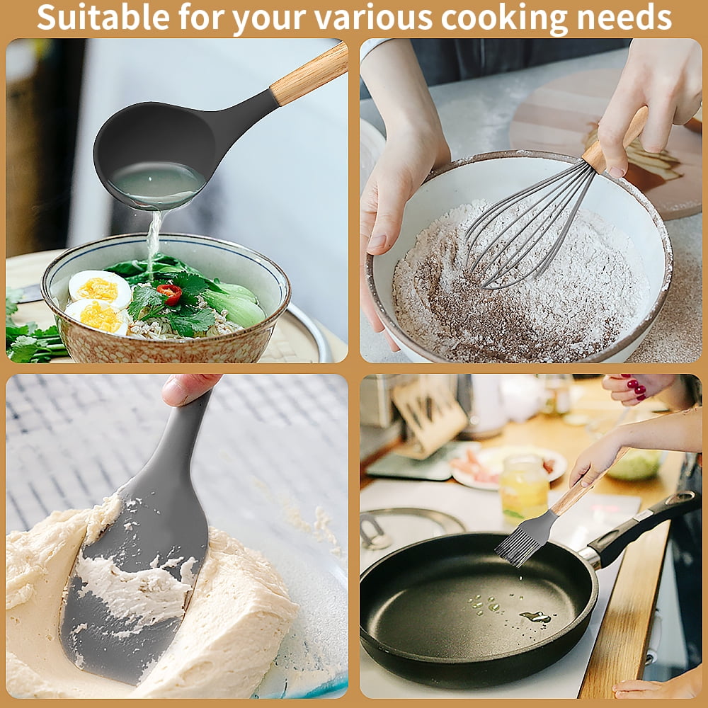 Silicone Wooden Heat Resistant Kitchen Utensil Set, 12 pcs