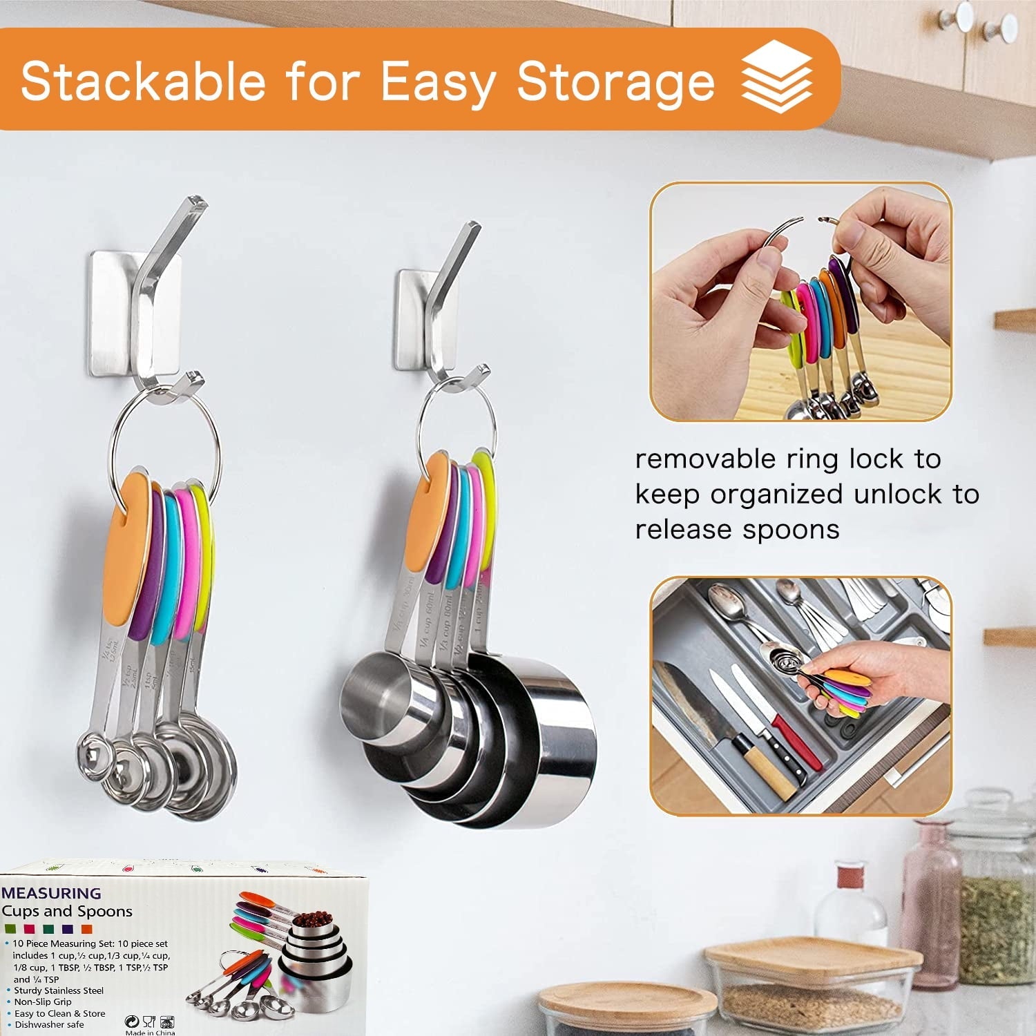 Stainless Steel Measuring Cups and Spoons Set, 10 Piece Measuring Spoons and Cups with Soft Silicone Handles...