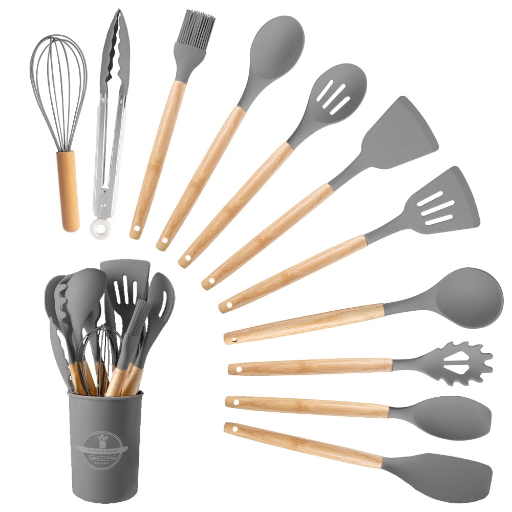 Silicone Wooden Heat Resistant Kitchen Utensil Set, 12 pcs