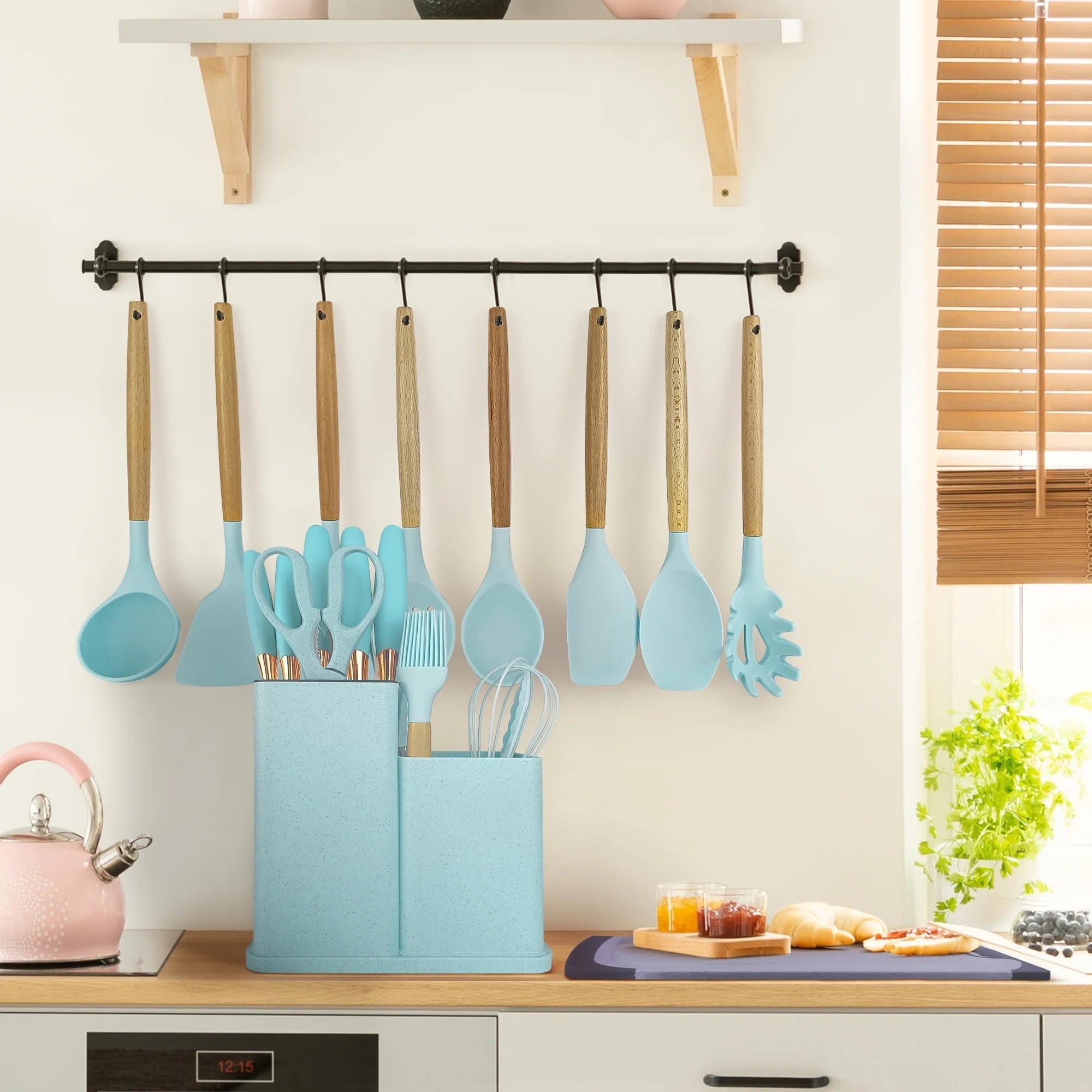 Silicone Kitchen Cooking Utensils Set, 19 Pieces Utensil with Holder, Heat Resistant, Green