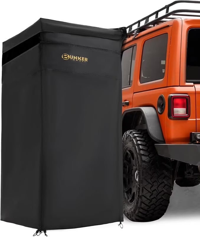 BUNKER INDUST Vehicle Side Shower Tent with Roof, Portable Outdoor Camping Privacy Shower Room Waterproof Awning, Built-in LED Light for Night, Black