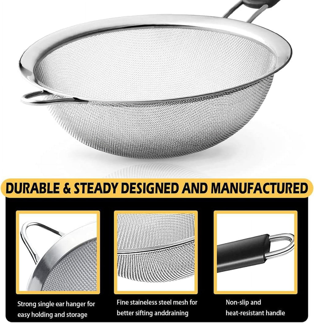 3 Pack Fine Mesh Strainers 3", 5", 8" Kitchen Sieves Sifters Strainers Set for Pasta Rice Quinoa Food Flour Baking