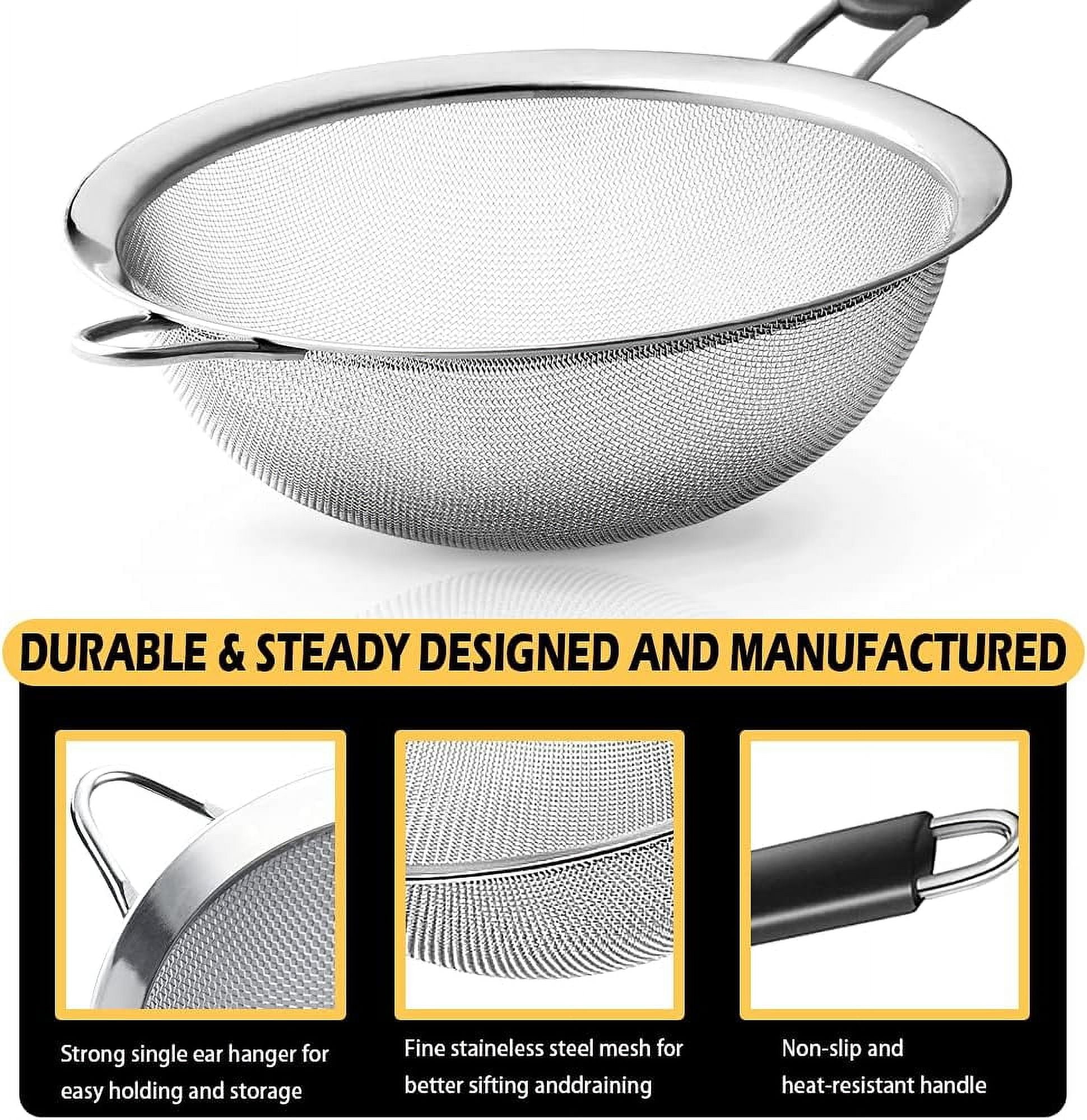 3 Pack Fine Mesh Strainers 3", 5", 8" Kitchen Sieves Sifters Strainers Set for Pasta Rice Quinoa Food Flour Baking