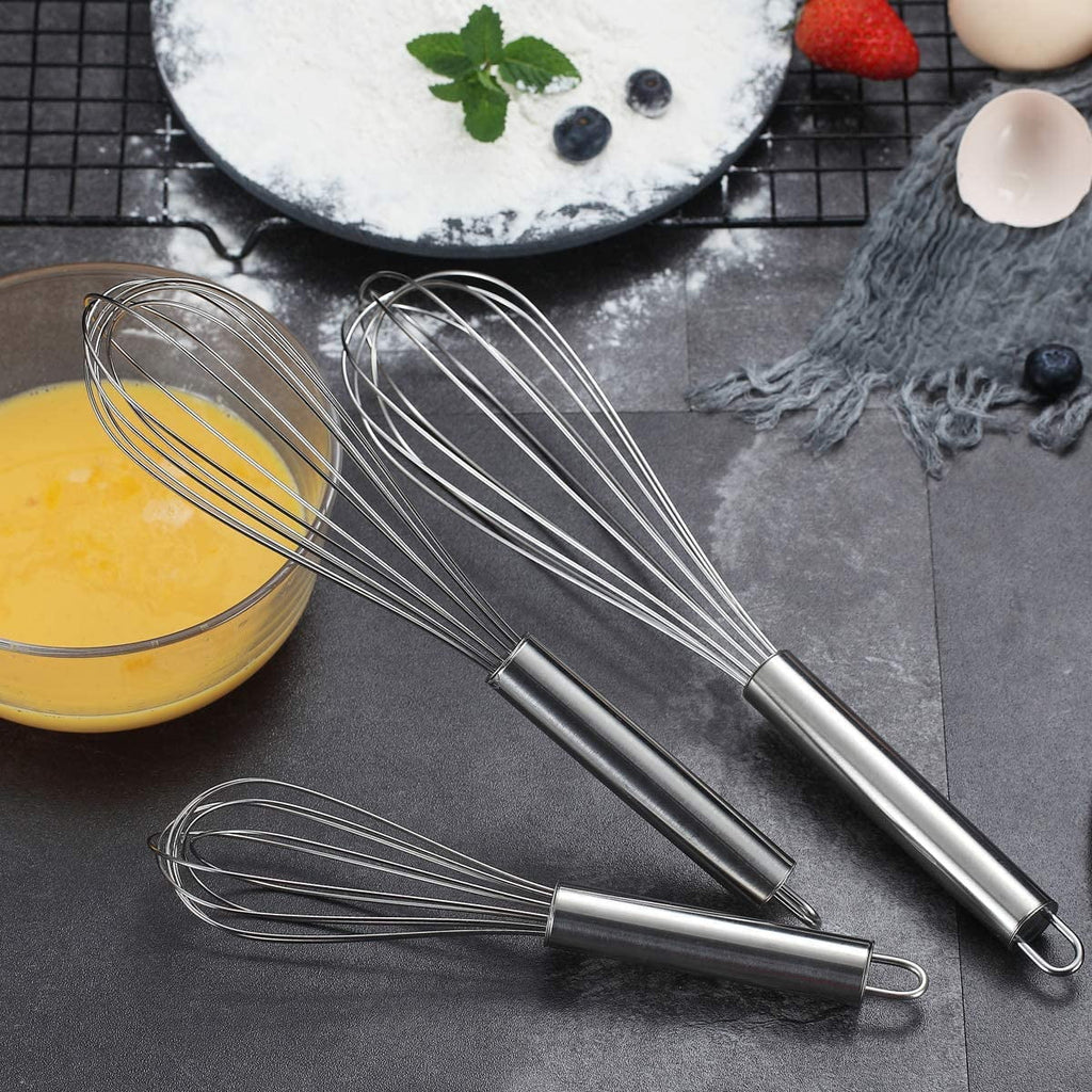 Whisk Set Pack of 3 Stainless Steel 8" 10" 12" Whisks for Cooking, Beater, Kitchen Wire Wisk