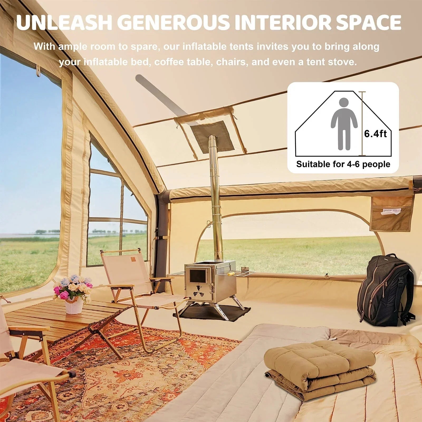 6 Person Inflatable Camping Tent with Pump, 10ft x7ft Glamping Family Tent Easy Setup 4 Season Waterproof Windproof Outdoor Blow Up Tent Luxury Oxford Cabin with Mesh Windows &amp; Doors sgtnighsdesigns