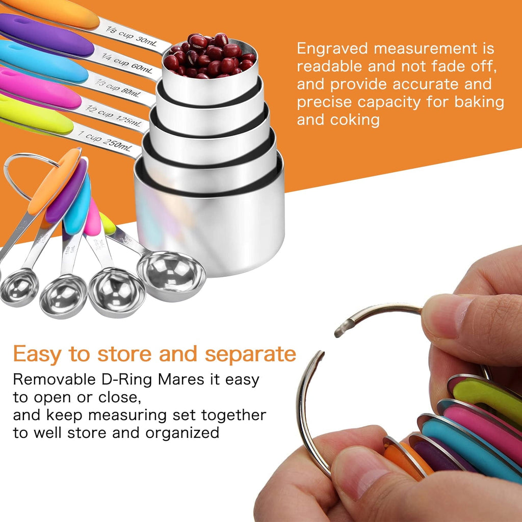 Stainless Steel Measuring Cups and Spoons Set, 10 Piece Measuring Spoons and Cups with Soft Silicone Handles...