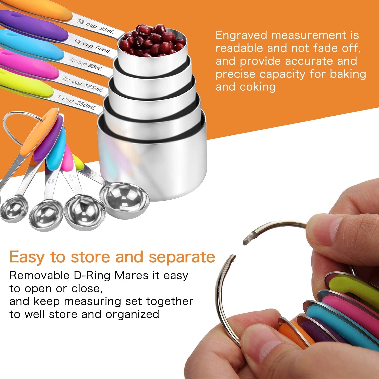 Stainless Steel Measuring Cups and Spoons Set, 10 Piece Measuring Spoons and Cups with Soft Silicone Handles...