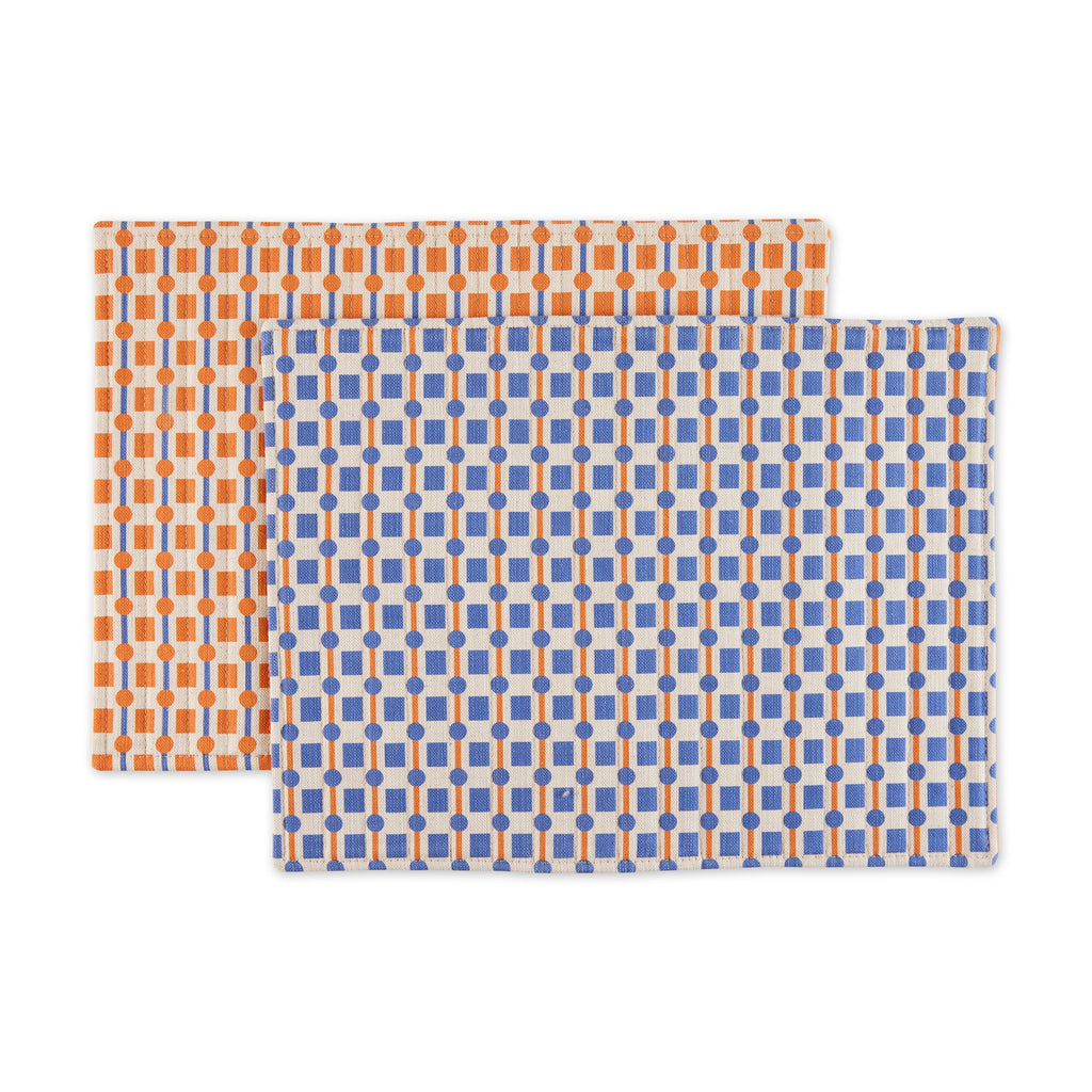 Geometric Cotton &amp; Linen Placemats - Set of 2 - Orange/ Blue