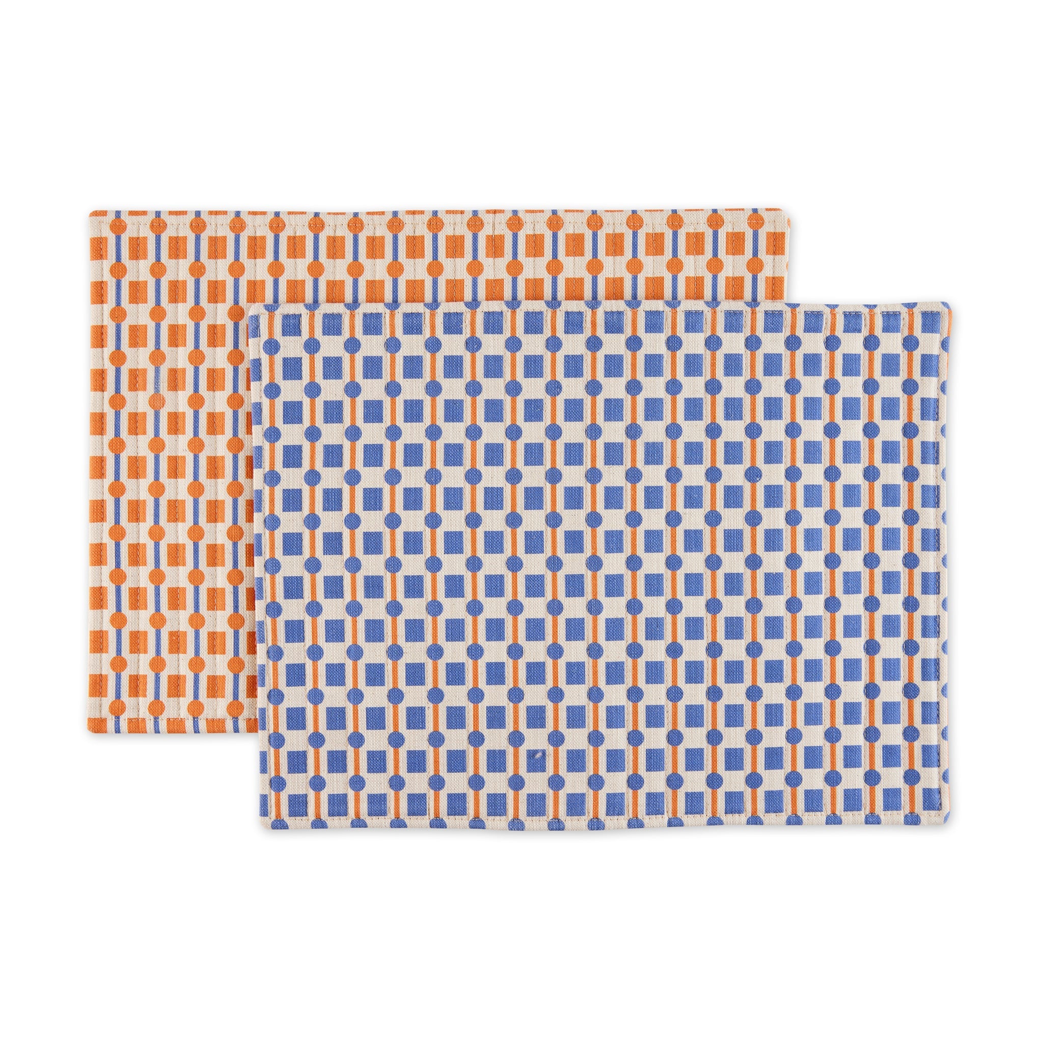 Geometric Cotton &amp; Linen Placemats - Set of 2 - Orange/ Blue