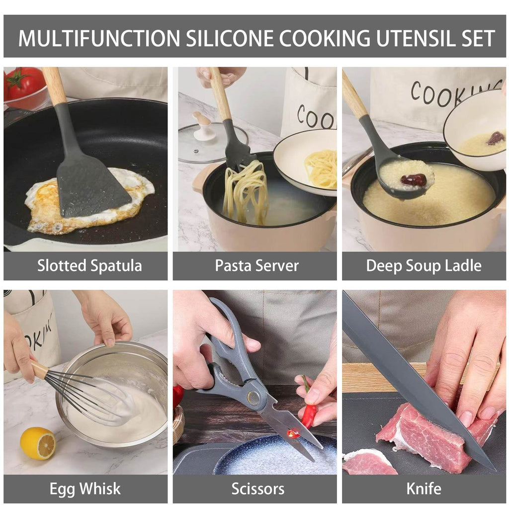 19-Piece Silicone Kitchen Utensil & Knife Set - Heat-Resistant Cooking Tools Non-Stick Safe Gift for Mom or Wo...