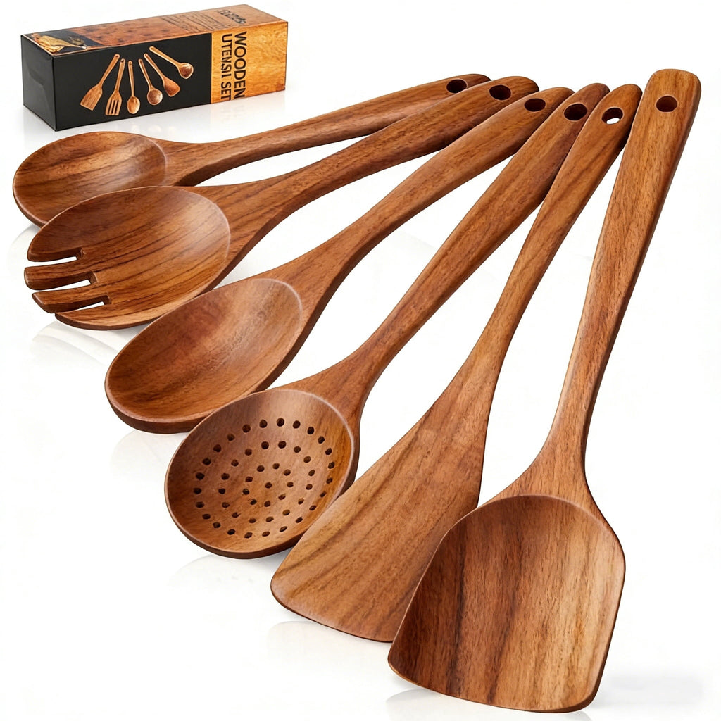 Wooden Spoons for Cooking, 6 PCS Teak Wood Cooking Utensil Set, Wooden Kitchen Utensils for Nonstick Pans & Cookware,...